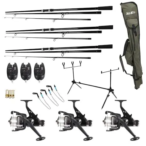 Produktbild: Komplettes 23-teiliges Karpfenset von FISH-XPRO - 3 Karpfenruten - 3 Freilaufrollen inkl. Angelschnur - 3 Elektronische Bissanzeiger - 3 Swinger - 1 Rod Pod - 3 Heckstützen - 1 Reisetasche