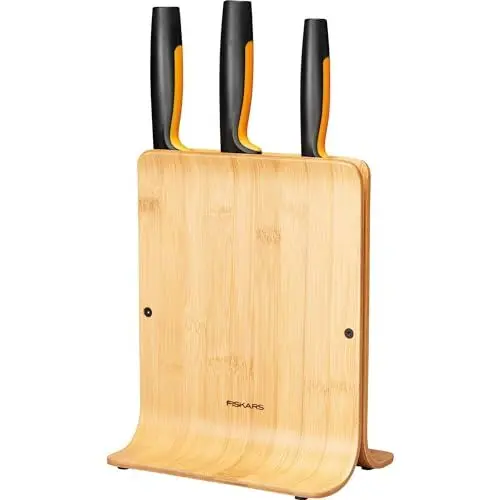 Produktbild: Fiskars Bambus Design-Messerblock mit 3 Messern, Functional Form, Inklusive Gemüsemesser, Santoku Kochmesser und Kochmesser, Kunststoff, Bambus, 1057553