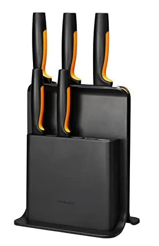 Produktbild: Fiskars Design-Messerblock mit 5 Messern, Functional Form, Inklusive Gemüsemesser, Tomatenmesser, Santoku Kochmesser, Kochmesser und Brotmesser, Kunststoff, Schwarz, 1057554
