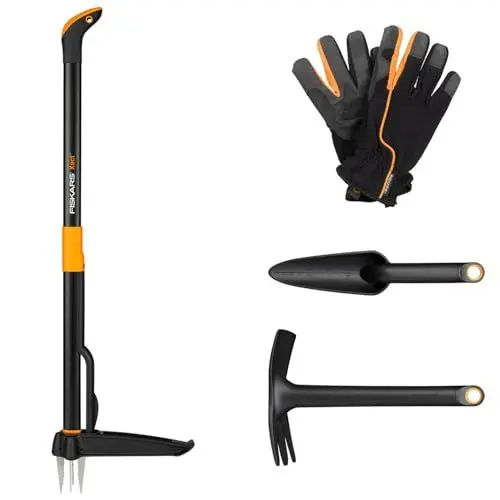 Produktbild: Fiskars Gartenwerkzeuge-Set, 4-teilig, Xact Unkrautstecher, Rostfreier Stahl/Kunststoff, Solid-Kombihacke und -Pflanzkelle, FiberComp, Garten-Arbeitshandschuhe, Größe: 10, Schwarz/Orange, 1077308