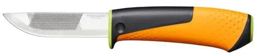 Produktbild: Fiskars Hochleistungsmesser inklusive Holster mit integriertem Messerschärfer, Gesamtlänge: 21,9 cm, Schwarz/Orange/Grün, 1023619