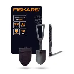Produktbild: Fiskars Klappspaten für Camper und Bergsteiger, Auch als Schaufel und Hacke einsetzbar, Mit Canvas-Tasche, Länge (ausgeklappt): 59 cm, Gehärteter Borstahl, Schwarz, 1000621