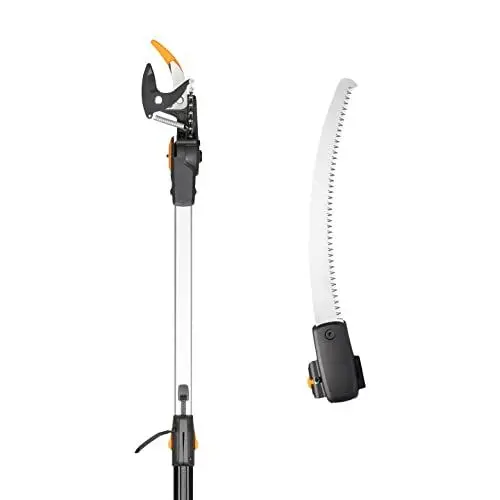 Produktbild: Fiskars Schneidgiraffen-Set, Bypass Teleskop-Schneidgiraffe, Stahlklinge/Aluminiumstiel, 2,4 - 4 m, UPX86 und Adapter-Baumsäge Gehärteter Stahl, 46 cm, 1023634