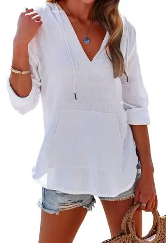 Produktbild: Fisoew Damen Kapuzenpullover Langarm T-Shirts Baumwolle Strandtunika V-Ausschnitt Strandkleider mit Taschen Sweatshirt Strand Vertuschen Shirt