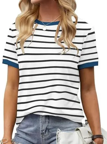 Produktbild: Fisoew Damen Streifen T Shirt Rundhalsausschnitt Kurzarm Basic Stripe Tee Tops Blau M