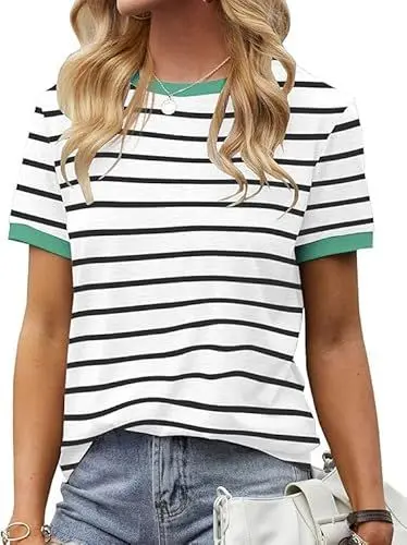 Produktbild: Fisoew Damen Streifen T Shirt Rundhalsausschnitt Kurzarm Basic Stripe Tee Tops Grün XL