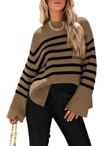 Produktbild: Fisoew Damen Strickpullover Gestreifter Rundhals Pullover Streifen Langarm Pulli Oberteile mit Seitenschlitz (Khaki, M)