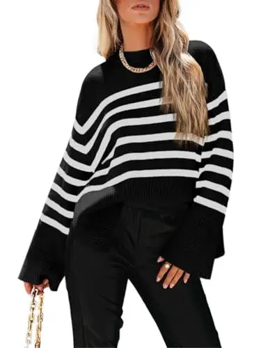Produktbild: Fisoew Damen Strickpullover Gestreifter Rundhals Pullover Streifen Langarm Pulli Oberteile mit Seitenschlitz (Schwarz, XXL)