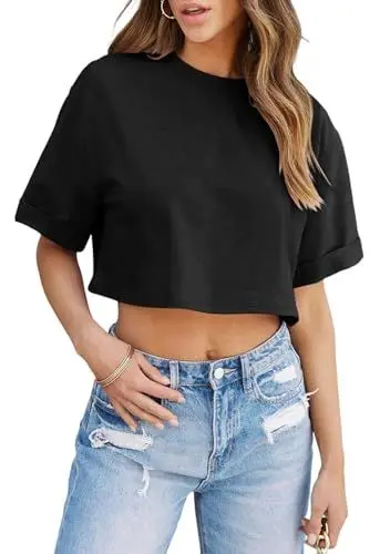 Produktbild: Fisoew Damen T-Shirt Sommer Einfarbig Rundhals Kurzarm Oberteile Casual Tops Locker Lässig Basic Tunika Bluse Shirts
