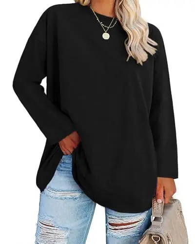 Produktbild: Fisoew Große Größen Langarmshirt Damen Oversize Plus Size T Shirts Rundhalsausschnitt Pullover Basic Tunika Tops Oberteile,Schwarz,4XL