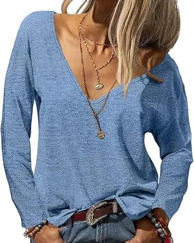 Produktbild: Fisoew Damen Langarmshirt Basic Pullover mit V-Ausschnitt Einfabrig Sexy Oberteile Lose Langarm Tee Shirt(Blau, M)