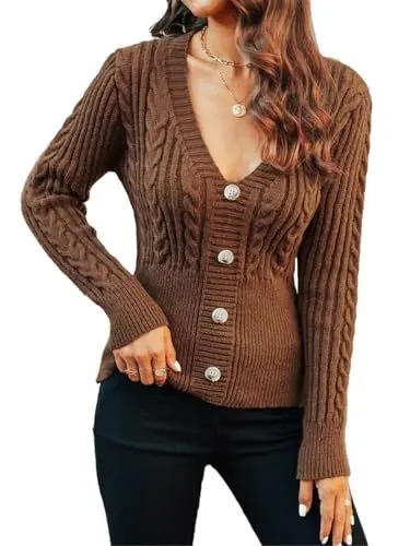 Produktbild: Fisoew Pullover Damen Herbst V-Ausschnitt Langarm Sexy Knöpfen Strickpullover Slim Fit Oberteile Winter(braun,S)