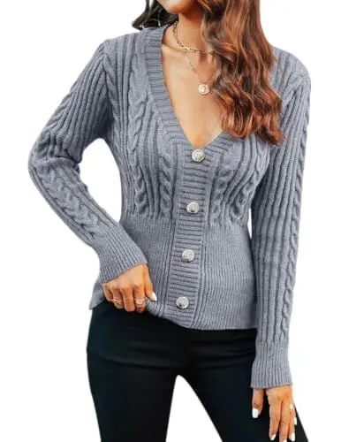 Produktbild: Fisoew Pullover Damen Herbst V-Ausschnitt Langarm Sexy Knöpfen Strickpullover Slim Fit Oberteile Winter(grau,L)