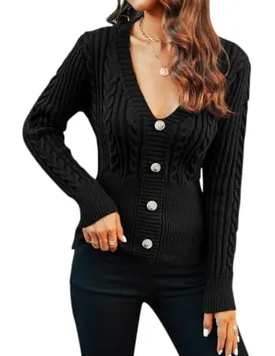 Produktbild: Fisoew Pullover Damen Herbst V-Ausschnitt Langarm Sexy Knöpfen Strickpullover Slim Fit Oberteile Winter(schwarz,L)