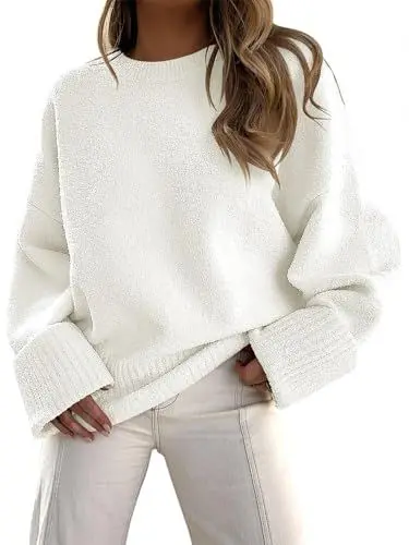 Produktbild: Fisoew Pullover Damen Rundhals Strickpullover Fuzzy Pulli Winter Oversized Sweatershirt Herbst Warm Oberteile Lose （weiß,M