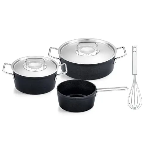 Produktbild: Fissler Adamant/Aluminium-Kochtopfset, 4-teilig, Töpfe-beschichtet mit Metalldeckel, antihaftend (1 Kochtopf, Bratentopf, 1 Stielkasserolle) + Induktion Original-Profi Collection® Schneebesen