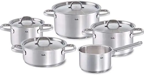 Produktbild: Fissler Family Line / Edelstahl-Topfset, 5-teilig, Kochtopf-Set , Töpfe mit Deckel, spülmaschinen-geeignet, Induktion, alle Herdarten (3 Kochtöpfe, 1 Bratentopf, 1 Stielkasserolle-deckellos)