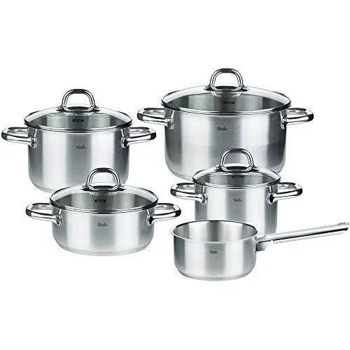 Produktbild: Fissler Korfu/Edelstahl-Topfset, 5-teilig, Kochtopf-Set, Töpfe mit Glas-Deckel (3 Kochtöpfe, 1 Bratentopf, 1 Stielkasserolle-deckellos) - Induktion