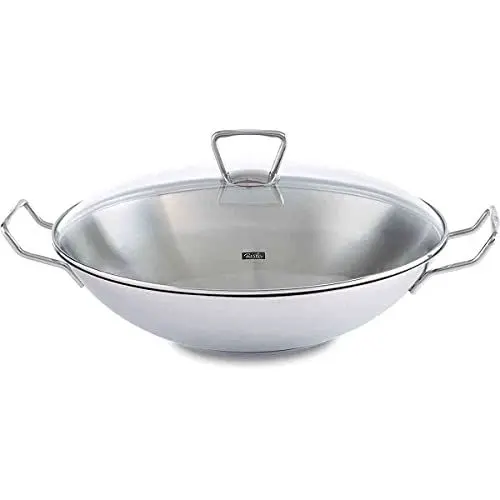 Produktbild: Fissler Kunming/Edelstahl-Wok (Ø 36 cm) große Wok-Pfanne unbeschichtet,Asiapfanne mit Glas-Deckel, inkl. Gittereinsatz, alle Herdarten - auch Induktion
