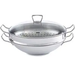 Produktbild: Fissler Nanjing / Edelstahl-Wok (Ø 36 cm) große Wok-Pfanne unbeschichtet,Asiapfanne mit Glas-Deckel, inkl. Dämpfeinsatz, alle Herdarten - auch Induktion