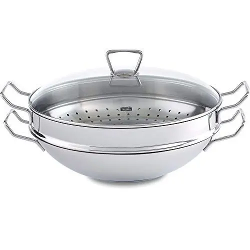 Produktbild: Fissler Nanjing / Edelstahl-Wok (Ø 36 cm) große Wok-Pfanne unbeschichtet,Asiapfanne mit Glas-Deckel, inkl. Dämpfeinsatz, alle Herdarten - auch Induktion