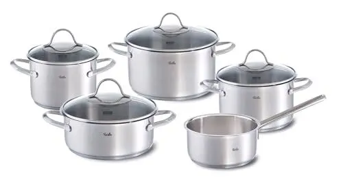 Produktbild: Fissler Palermo/Edelstahl-Topfset 5-teilig, Töpfe inkl. Glasdeckel (3 Kochtöpfe, 1 Bratentopf, 1 Stielkasserolle) – Induktion