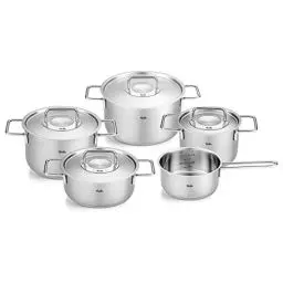 Produktbild: Fissler Pure Collection / Edelstahl-Kochtopfset, 5-teilig, Töpfe mit Metall-Deckel (3 Kochtöpfe,1 Bratentopf 1 Stielkasserolle) - Induktion