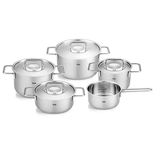 Produktbild: Fissler Pure Collection / Edelstahl-Kochtopfset, 5-teilig, Töpfe mit Metall-Deckel (3 Kochtöpfe,1 Bratentopf 1 Stielkasserolle) - Induktion