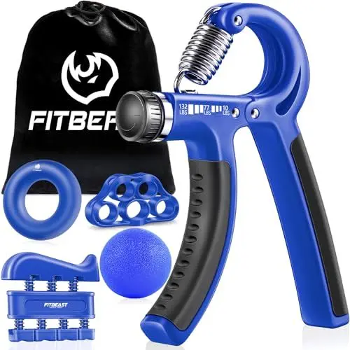 Produktbild: Handtrainer zur Kraftsteigerung, Unterarmgriff Trainingsset - 5er-Pack, FitBeast verstellbarer Handtrainer, Finger Trainingsgerät, Fingerstretcher, Trainingsring & Stressabbau-Griffkugel für Sportler