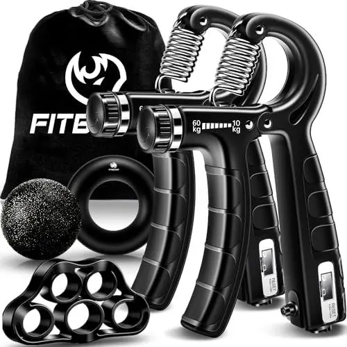 Produktbild: FitBeast Handtrainer Trainingsset (5-teilig), 2 Unterarmgriff Einstellbare Widerstand Handgreifer, Fingerdehner, Griffball & Stressabbau-Griffball für Athleten