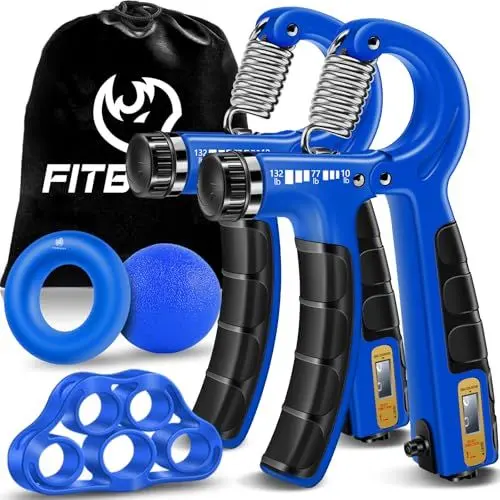 Produktbild: FitBeast Handtrainer Trainingsset (5-teilig), 2 Unterarmgriff Einstellbare Widerstand Handgreifer, Fingerdehner, Griffball & Stressabbau-Griffball für Athleten (Dunkelblau)