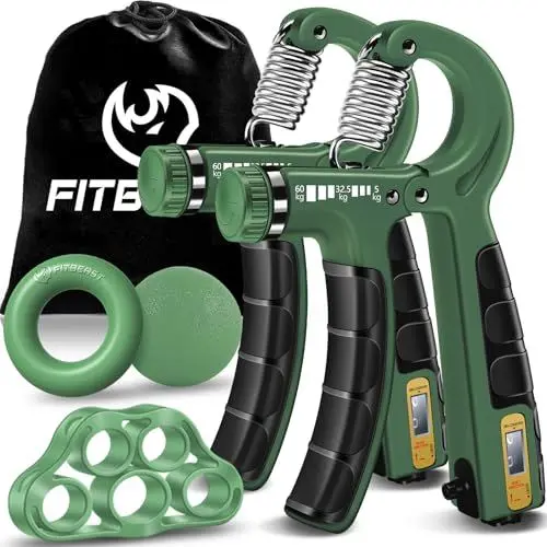 Produktbild: FitBeast Handtrainer Trainingsset (5-teilig), 2 Unterarmgriff Einstellbare Widerstand Handgreifer, Fingerdehner, Griffball & Stressabbau-Griffball für Athleten (Dunkelgrün)