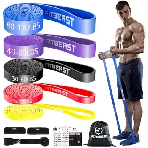 Produktbild: FitBeast Widerstandsbänder Set, 5 Level Pull-up-Bänder für Krafttraining, Crossfit, Powerlifting, Muskelaufbau, Heimtraining, Mobilität, Stretching (Helles Spektrum 5-170 LBS)