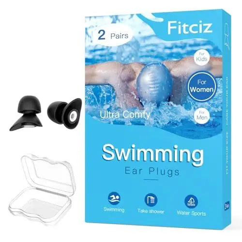 Produktbild: Fitciz Ohrstöpsel Schwimmen Erwachsene - mit Delikat Aufbewahrungsbox - 2 Paare Wiederverwendbare Weich Silikon Ohrenstöpsel Schwimmen - Swimming Earplugs (für Frauen, Größe S+M)