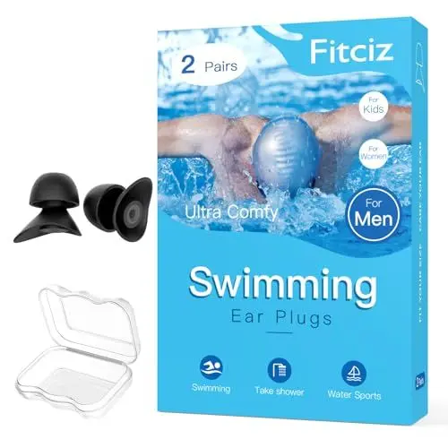 Produktbild: Fitciz Ohrstöpsel Schwimmen Erwachsene - mit Delikat Aufbewahrungsbox - 2 Paare Wiederverwendbare Weich Silikon Ohrenstöpsel Schwimmen - Swimming Earplugs (für Herren, Größe L+M)