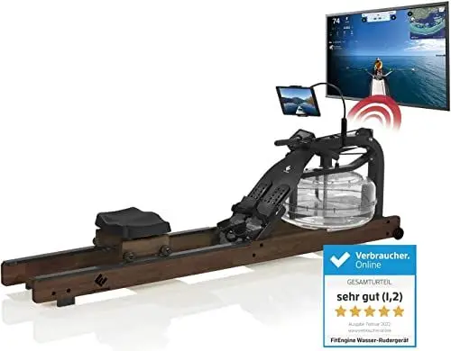 Produktbild: FitEngine Wasser-Rudergerät Smart | Realistisches Rudergefühl durch Wasserwiderstand | Ergonomischer Sitz und Halterung für Tablet und Smartphone | Wireless Connection | Kompatibel mit Kinomap