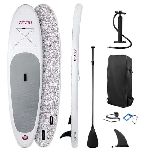 Produktbild: FITFIU Fitness Yucatan - Tribal inspiriertes aufblasbares Paddle Surf Board mit komplettem Kit, SUP Board mit Paddel + Pumpe + Flosse + Zubehör, Stand Up Paddling Board speziell Yoga 305x76x15cm
