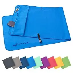 Produktbild: Fit-Flip Fitness Handtuch aus Mikrofaser - mit Magnet und Reißverschluss Tasche - Fitnesshandtuch für Sport und Gym - Kompakt & Schnelltrocknend - Sporthandtuch Fitnessstudio - Blau - 130x48cm
