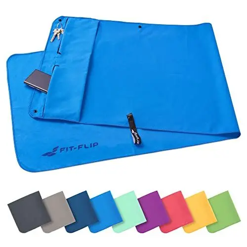 Produktbild: Fit-Flip Fitness Handtuch aus Mikrofaser - mit Magnet und Reißverschluss Tasche - Fitnesshandtuch für Sport und Gym - Kompakt & Schnelltrocknend - Sporthandtuch Fitnessstudio - Blau - 130x48cm