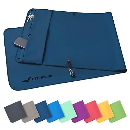 Produktbild: Fit-Flip Fitness Handtuch aus Mikrofaser - mit Magnet und Reißverschluss Tasche - Fitnesshandtuch für Sport und Gym - Kompakt & Schnelltrocknend - Sporthandtuch Fitnessstudio - Marineblau - 130x48cm
