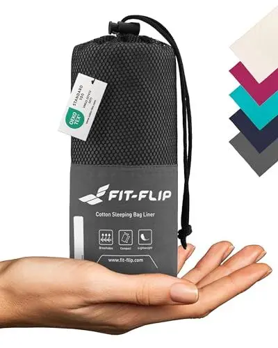 Produktbild: Fit-Flip Hüttenschlafsack Baumwolle - ultraleichter Innenschlafsack 325g - dünner Reiseschlafsack - kompakt, klein & seidig weich - Schlafsack Inlett mit Kissenfach - Farbe: Dunkelgrau