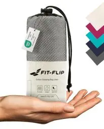 Produktbild: Fit-Flip Hüttenschlafsack Baumwolle - ultraleichter Innenschlafsack 325g - dünner Reiseschlafsack - kompakt, klein & seidig weich - Schlafsack Inlett mit Kissenfach - Farbe: Naturweiß