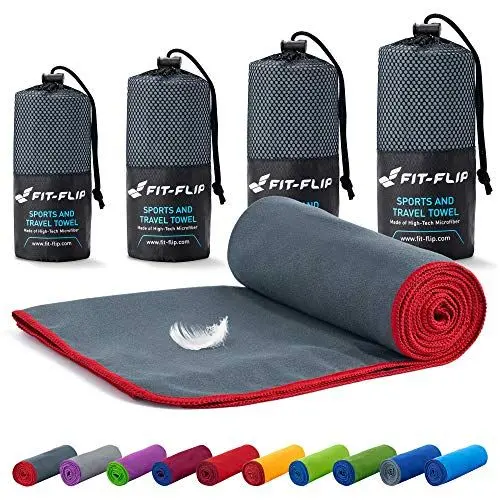 Produktbild: Fit-Flip Mikrofaser Handtuch - kompakt, leicht und schnelltrocknend - Microfaser Handtücher - als Reisehandtuch, Sporthandtuch, Strandtuch und Badetuch groß (70x140cm, Dunkelgrau - Rot)