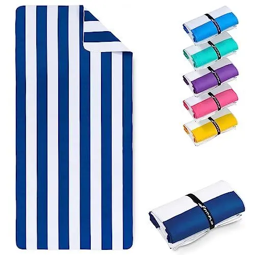 Produktbild: Fit-Flip Strandtuch XXL - Mikrofaser Badetuch - Strandtücher leicht und schnelltrocknend - 100% recyceltes Mikrofaser Handtuch - Strandhandtuch zum Baden (Marineblau-Weiß gestreift 200x90cm)