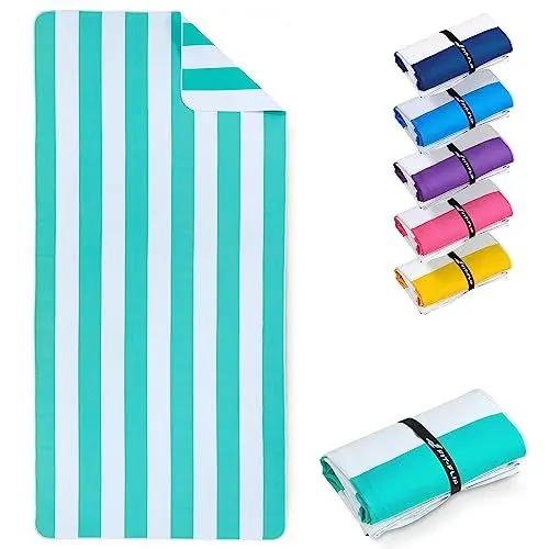 Produktbild: Fit-Flip Strandtuch XXL - Mikrofaser Badetuch - Strandtücher leicht und schnelltrocknend - 100% recyceltes Mikrofaser Handtuch - Strandhandtuch zum Baden (Türkis-Weiß gestreift 160x90cm)