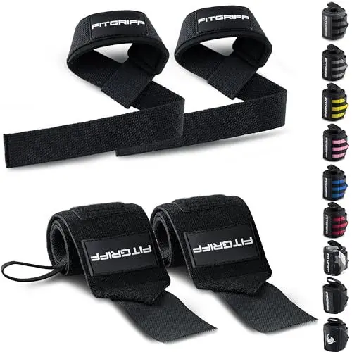 Produktbild: Fitgriff® Handgelenk Bandagen + Zughilfen (2er Set) - für Krafttraining, Fitness, Bodybuilding, Gewichtheben, Gym, Kraftsport - für Frauen und Männer (Black)