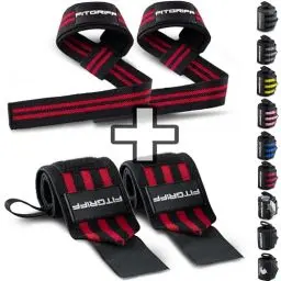 Produktbild: Fitgriff® Handgelenk Bandagen + Zughilfen (2er Set) - für Krafttraining, Fitness, Bodybuilding, Gewichtheben, Gym, Kraftsport - für Frauen und Männer (Black/Red)