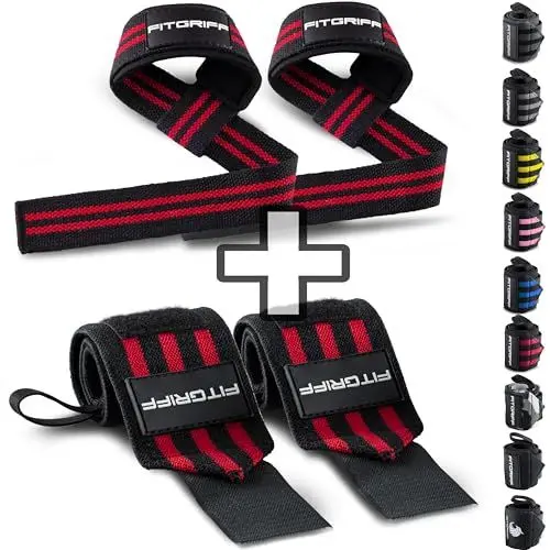 Produktbild: Fitgriff® Handgelenk Bandagen + Zughilfen (2er Set) - für Krafttraining, Fitness, Bodybuilding, Gewichtheben, Gym, Kraftsport - für Frauen und Männer (Black/Red)
