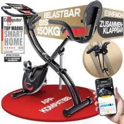 Produktbild: Fitness Fahrrad + Sportstech Live App mit Live- & On Demand-Kursen für Full Body Workout-Erlebnis | Ergometer klappbar für zuhause | + Komfortsitz, Handpulssensoren & Fitness Power Ropes | X150 Bike