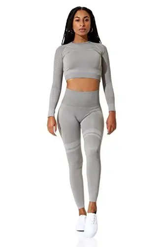 Produktbild: Fitness Set - Crop-Top Longsleeve und Sport Leggings High Waist | Farbe: Grau-Melange, Größe: M